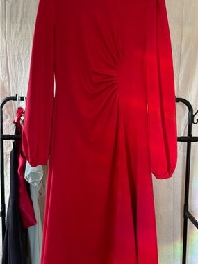 Elegant Red Long-Sleeve Gathered Waist Dress